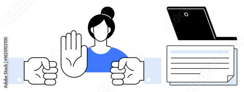 Woman raising hand in stop gesture between two clenched fists, symbolizing conflict resolution, negotiation. Ideal for teamwork, communication, conflict, workplace culture, leadership, human rights