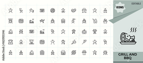 Grill And Bbq line icon set. Outline icons pack. Editable vector stroke. Party modern icon set. It contains symbols to cooking, barbecue, kitchen, bbq, food and more.
