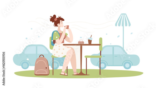 Woman with backpack enjoying coffee at an outdoor table with cars and umbrella in the background