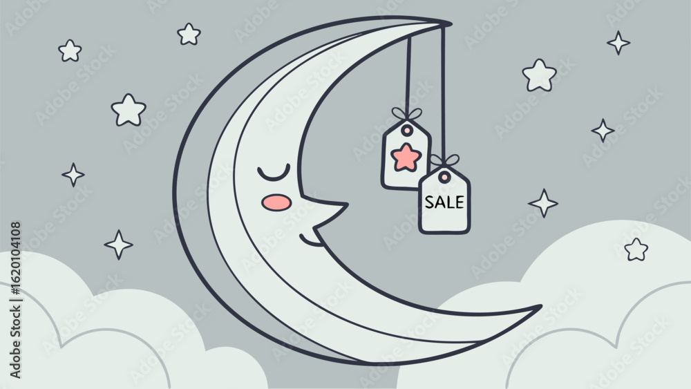Obraz premium Whimsical crescent moon with sale tags and stars in a dreamy night sky illustration