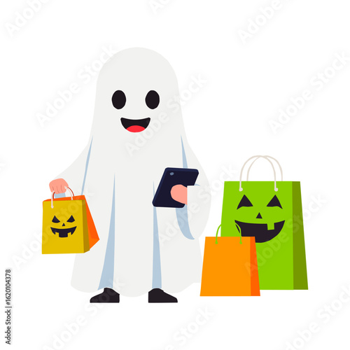 Funny Halloween ghost character holding a shopping bag and a mobile phone. Cute and modern vector illustration, perfect for Halloween sales, digital ads, social media, and holiday promotions.