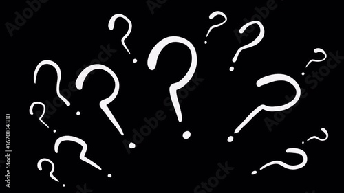 Dynamic animation of question marks on a black background.