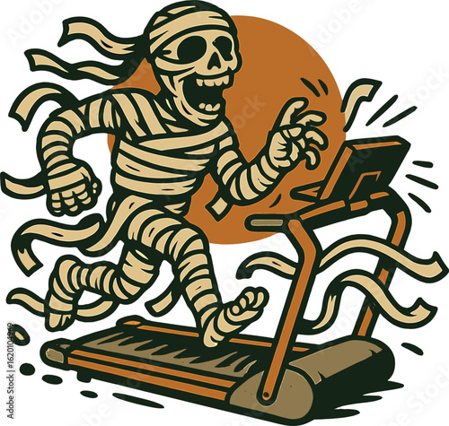 Cartoon mummy running on treadmill while unraveling