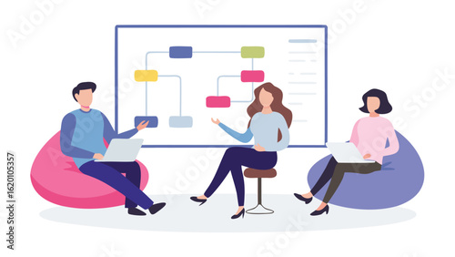 Three people collaborating on a project with a diagram on a whiteboard in a modern office space