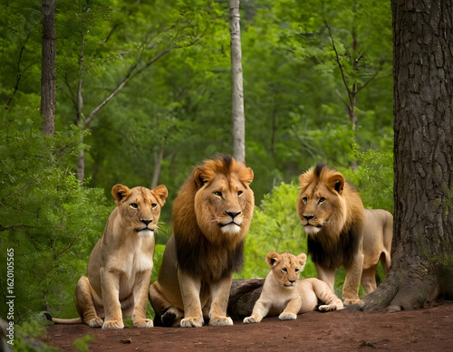 A pair of lions with their cute babies is nestled between trees in a thick forest during the summer, near a lake.