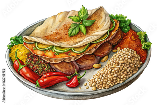 Vector banner of Ethiopian injera flatbread with lentils, greens, stew, and spices. Authentic African cuisine for traditional menus, food visuals, and culinary branding