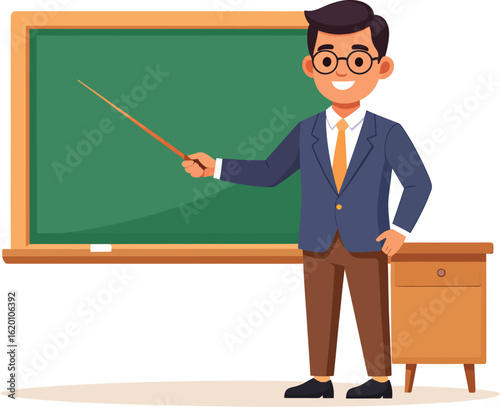 male teacher standing in front of chalkboard, explaining lesson with a pointer, classroom education