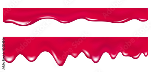 Realistic pink drip cream drops, marmalade, jelly or yogurt border.
