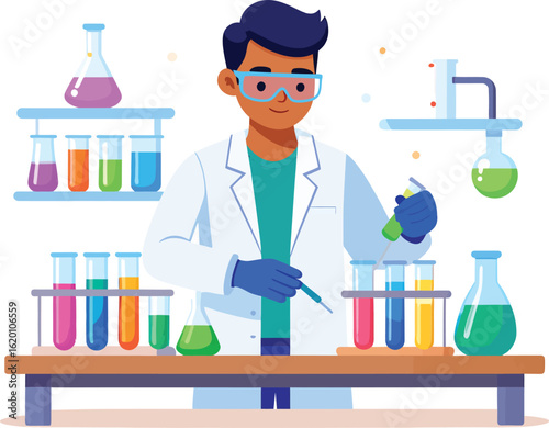 male scientist doing complex science experiment in chemistry lab, research and education concept