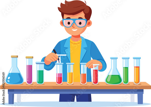 happy boy student doing science experiment in chemistry lab with test tubes, education concept, flat cartoon vector graphics