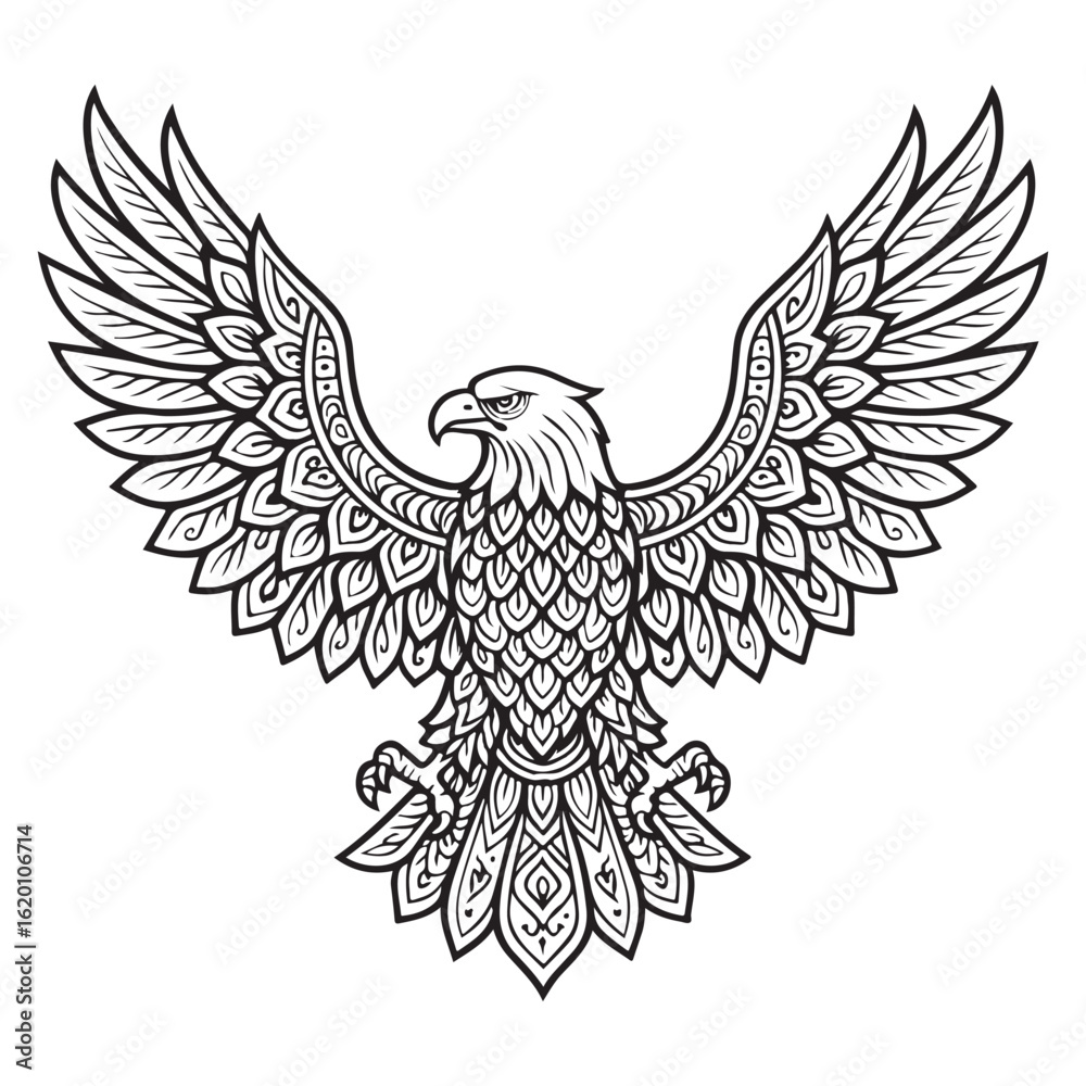 Fototapeta premium Soaring eagle wings spreading into symmetrical floral mandala design