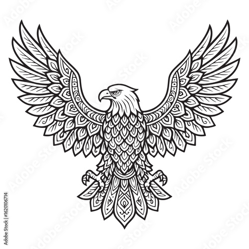 Soaring eagle wings spreading into symmetrical floral mandala design