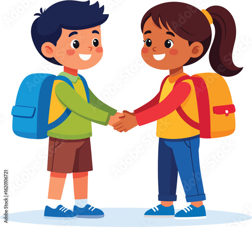 Flat cartoon character vector illustration of happy diverse boy and girl students shaking hands, back-to-school friendship concept