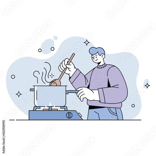 Young man enjoying cooking a warm meal on a stove in a minimalist vector style.