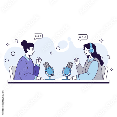 Two hosts in conversation, recording an audio podcast with professional microphones.