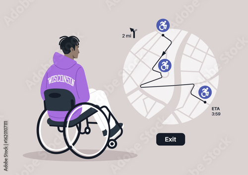 Navigating through a city, a person in a wheelchair studies a detailed map highlighting accessible paths and estimated travel times, ensuring a smooth journey