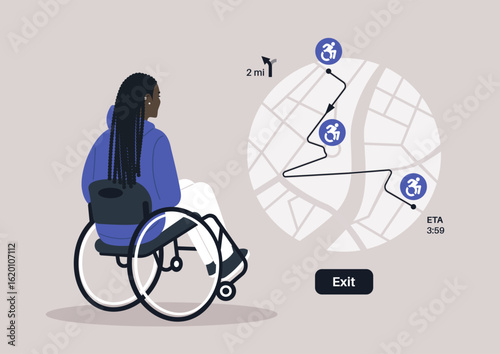 Navigating through a city, a person in a wheelchair studies a detailed map highlighting accessible paths and estimated travel times, ensuring a smooth journey