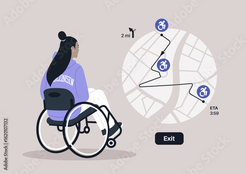 Navigating through a city, a person in a wheelchair studies a detailed map highlighting accessible paths and estimated travel times, ensuring a smooth journey