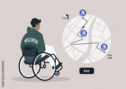 Navigating through a city, a person in a wheelchair studies a detailed map highlighting accessible paths and estimated travel times, ensuring a smooth journey