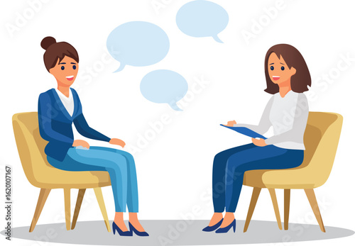 Flat cartoon of two women sitting and talking, interview, counseling, or therapy communication concept