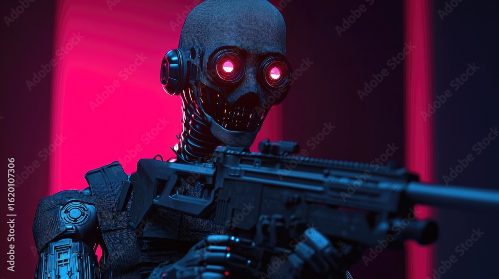 A futuristic robot soldier armed with a sniper rifle, poised for action.