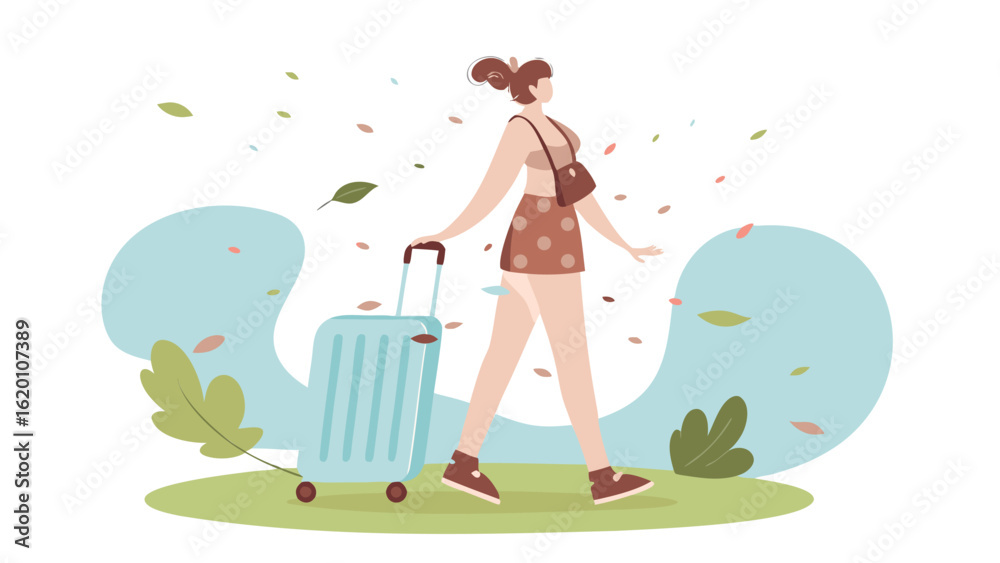 Woman walking with suitcase in a windy scene with leaves blowing around her in an outdoor setting Woman walking with suitcase in a windy scene with leaves blowing around her in an outdoor setting