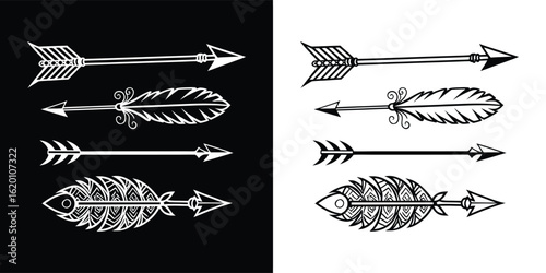 Set of tribal and bohemian style arrows with ornate feather fletching, depicted as black and white illustrations on contrasting backgrounds, representing ancient weaponry and cultural art