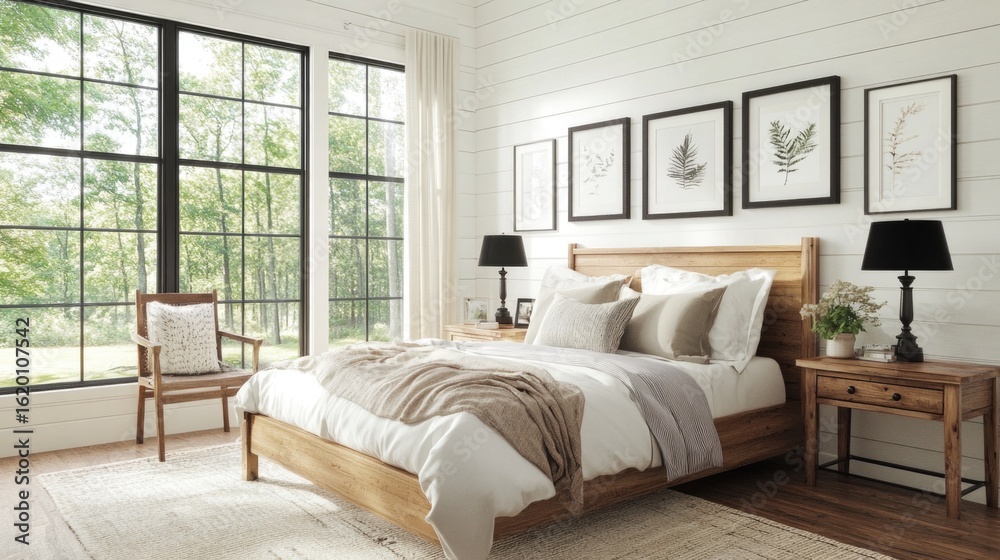 Fototapeta premium Modern bedroom with wood and light