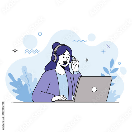 Female customer service agent with headset working on a laptop, online support concept