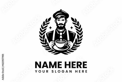 Distinguished Barista Holding Coffee Cup Surrounded by Laurel Wreath Emblem.