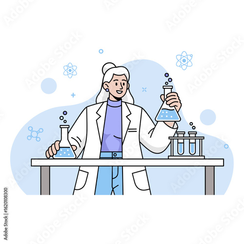 Vector illustration of a woman chemist in a lab coat holding a flask for scientific research.
