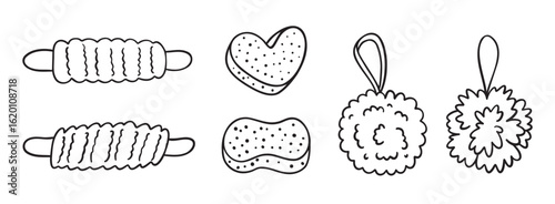 loofah or Shower puff and soft mesh bath sponge doodle hand drawn set. Accessory for washing, body care, personal hygiene. 