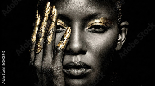 photograph of black woman with her hand covering eye and gold-painted nails on her fingers