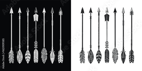 A collection of ancient arrows with detailed fletching and arrowheads, symbolizing hunting, warfare, and historical weaponry, presented in a stark black and white graphic style