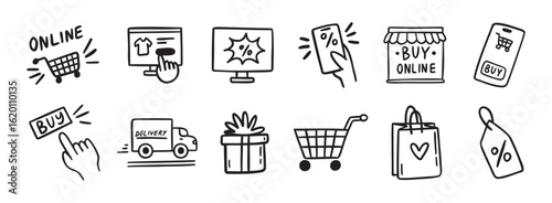 e-commerce online shopping doodle hand drawn icon set. Outline drawing e-commerce online shopping line clipart symbol collection