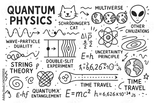 Quantum physics doodle icons. Hand-drawn vector illustration of science formulas, theories and multiverse