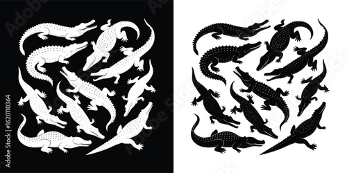 A dynamic cluster of alligators and crocodiles in various poses, depicted in striking black and white silhouettes, symbolizing wild nature and primal power