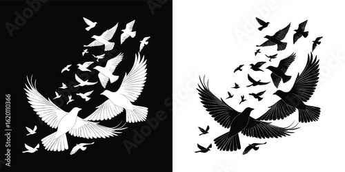 A flock of birds, including eagles and doves, takes flight in a dynamic composition, symbolizing freedom, hope, and the spirit of movement against a contrasting background