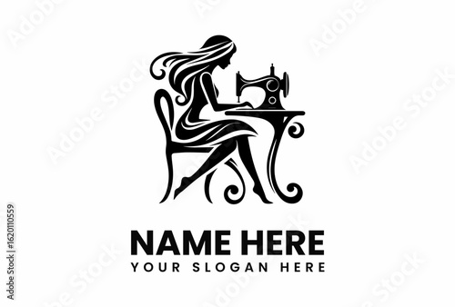 Elegant Silhouette of a Seamstress at Her Sewing Machine Crafting Designs.