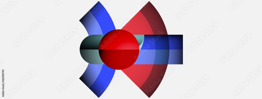 Fototapeta premium Abstract graphic design features red, blue shapes around central sphere. Minimalist composition with gradient effects, clean lines.