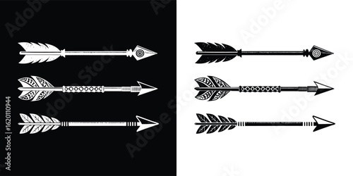 A collection of three distinct arrow designs, each shown in both black and white versions, featuring feathered fletching and decorative shafts, set against contrasting backgrounds