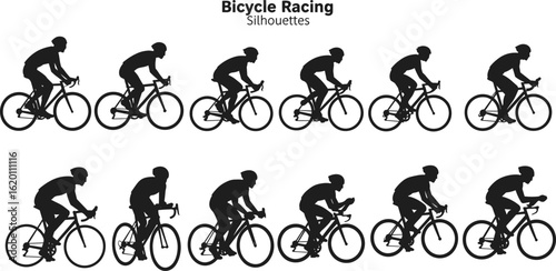 Bicycle racing silhouettes of male cyclists in motion, riding road bikes, vector illustration, group of riders, sports activity graphic, isolated competitive cycling design