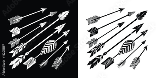 A collection of handdrawn, tribalstyle arrows with textured feathers and wooden shafts, presented in a graphic illustration, isolated on a black and white background
