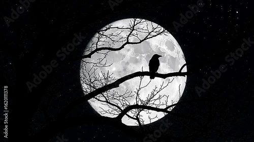 Crow silhouette perched on a branch before a full moon against a starry night sky