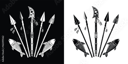 Tribal spears and fish illustration, a primitive hunting and fishing concept with ancient cultural elements, presented in a striking black and white contrast