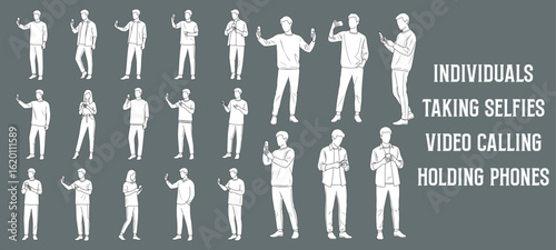 Minimal Outline Vector Illustrations of People Taking Selfies, Video Calling, and Holding Phones – Side View Architectural Drawing Style