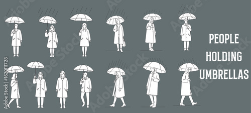 Minimal Line Vector Illustrations of People Holding Umbrellas, Wearing Raincoats, and Walking Through Rain – Outline Style Human Figures for Architectural Drawings and Weather Scenes