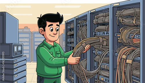 Cartoon Technician Organizing Network Cables in Server Room