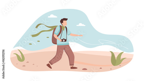 A man with a backpack and camera is walking on a path with plants and a windy background illustration