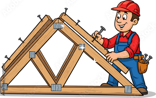 Cheerful Carpenter Constructing Wooden Roof Truss